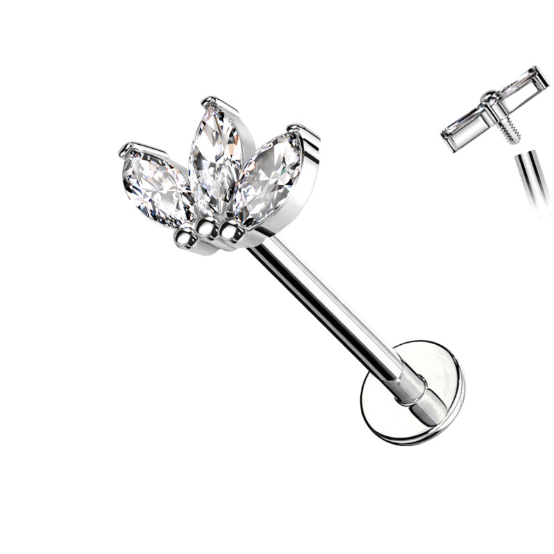 Piercing Labret with 3 Crystals of Different Colors, Helix