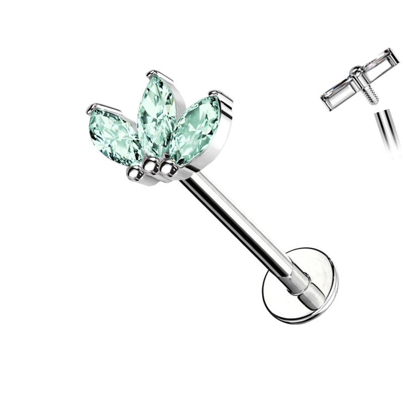 Piercing Labret with 3 Crystals of Different Colors, Helix