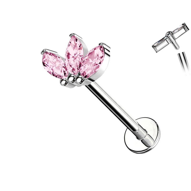 Piercing Labret with 3 Crystals of Different Colors, Helix