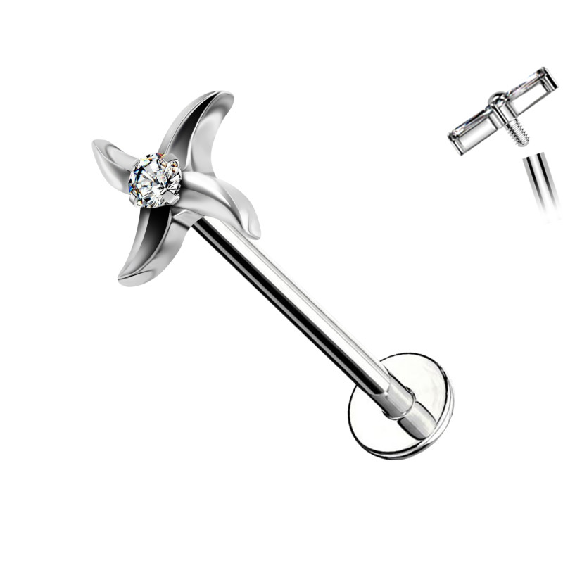 Piercing Labret a Quattro Lame Curve con Cristallo Centrale