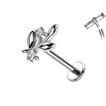 Piercing Labret a Forma di Ramo con Foglie e Cristalli