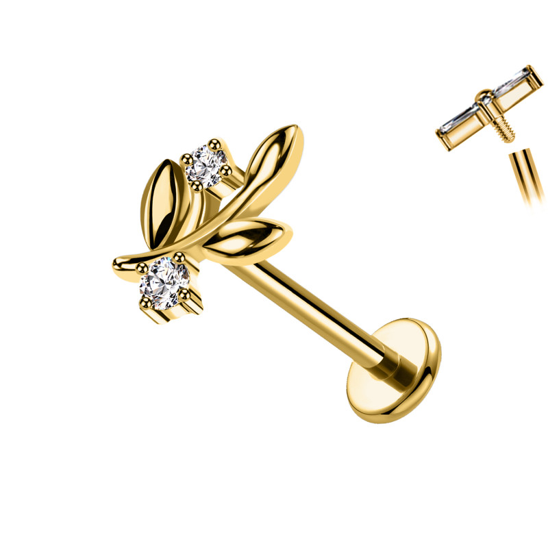 Piercing Labret a Forma di Ramo con Foglie e Cristalli