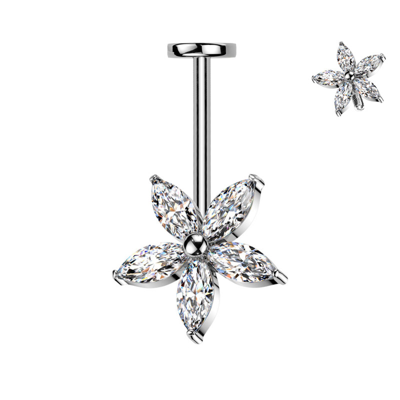 Piercing Labret Fiore 5 Petali con Cristalli, Filettatura Interna