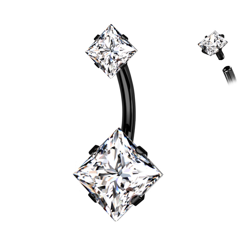 Piercing Banana Belly Button with two Squared Crystals, Navel