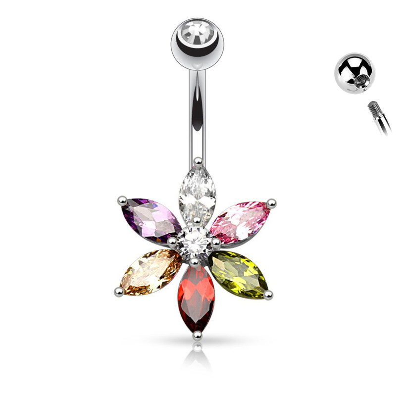 Navel Piercing with Coloured Crystal made in Steel, Navel