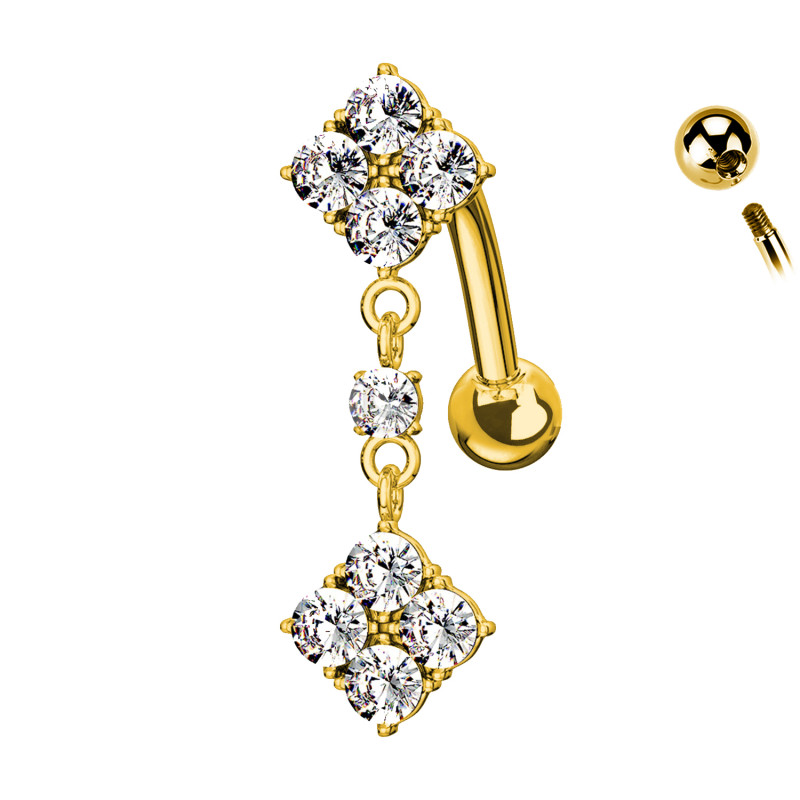 Navel piercing with hanging square crystals, Navel