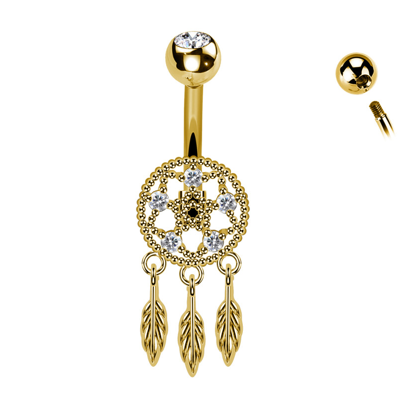 Piercing Ombelico Acchiappasogni Croce Piume Pendenti Cristalli