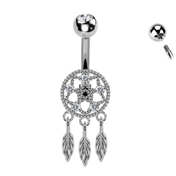 Piercing Ombelico Acchiappasogni Croce Piume Pendenti Cristalli
