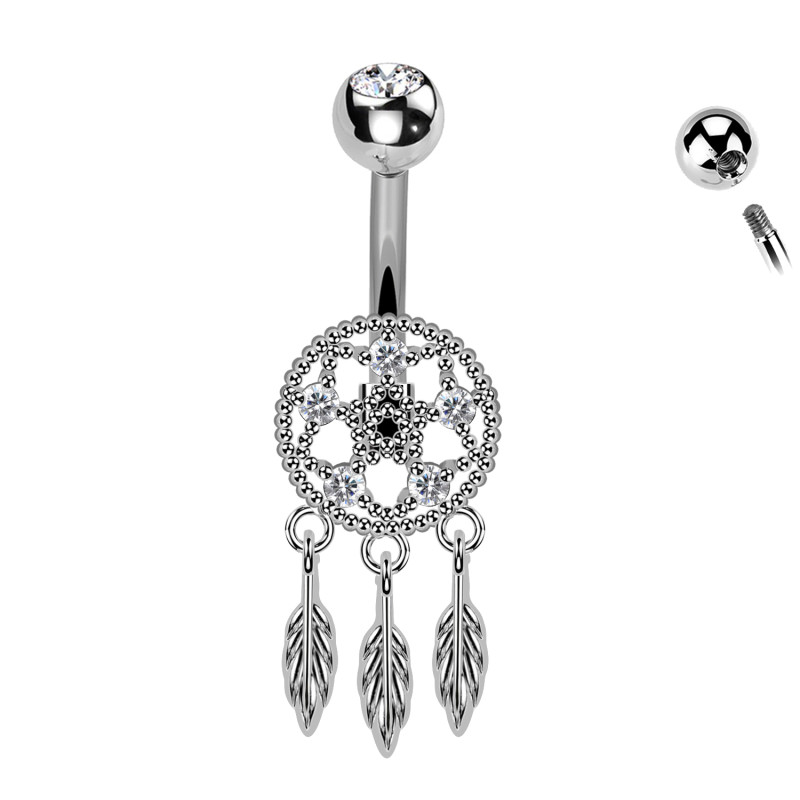Piercing Ombelico Acchiappasogni Croce Piume Pendenti Cristalli