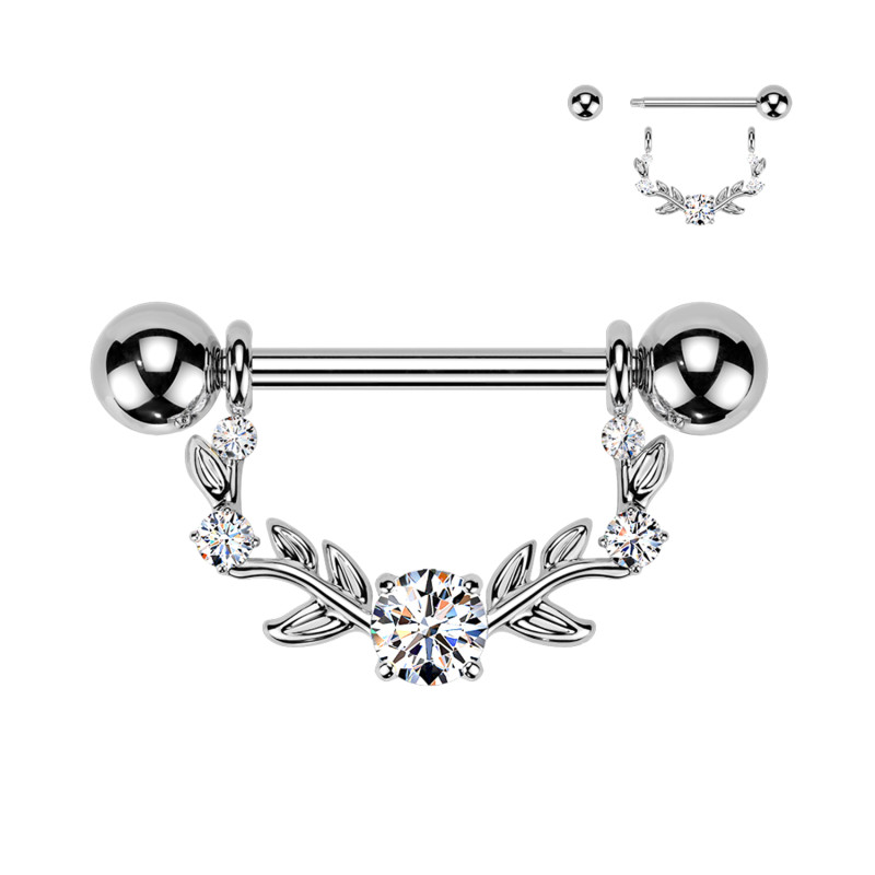 Antler-Inspired Nipple Barbell with Central Crystal