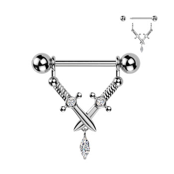 Piercing per Capezzolo con Spade Incrociate e Cristallo Pendente