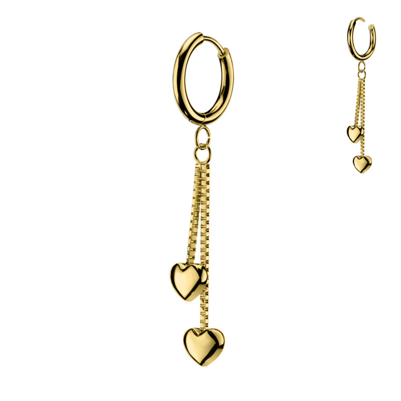 Ear Hoop Piercing with Double Hearts and Chain