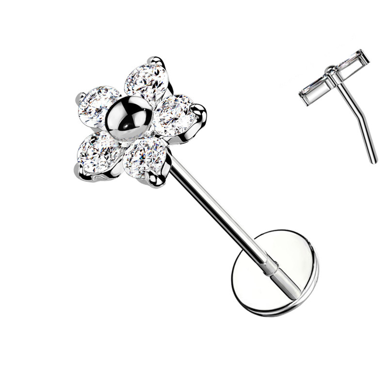 Piercing Labret Push-In in Titanio con Fiore di Cristalli