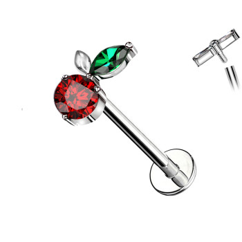 Piercing Labret in Titanio con Cristallo -ciliegia- con Filettatura Interna