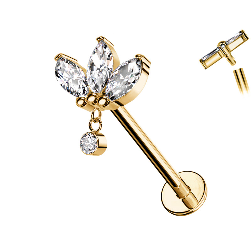 Piercing Trifoglio in Titanio con Cristallo e con Filettatura Interna