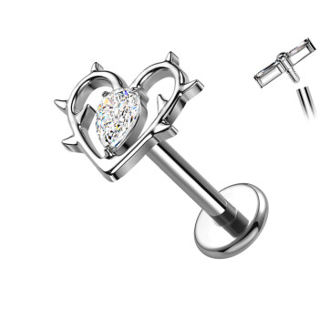 Titanium Labret Piercing with Thorny Heart and Teardrop Crystal