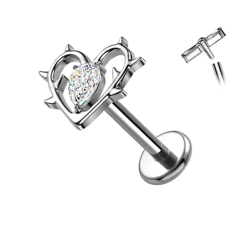 Titanium Labret Piercing with Thorny Heart and Teardrop Crystal