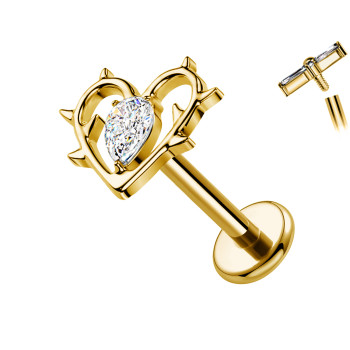 Titanium Labret Piercing with Thorny Heart and Teardrop Crystal