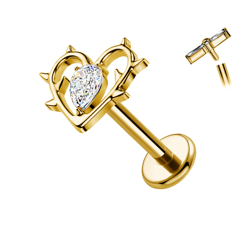 Titanium Labret Piercing with Thorny Heart and Teardrop Crystal