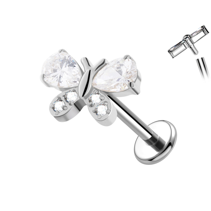Piercing Labret in Titanio a Forma di Farfalla con Cristalli