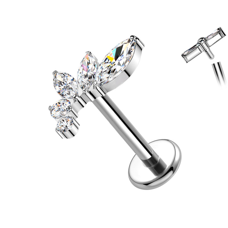 Piercing Labret in Titanio a Forma di Foglia con Cristalli