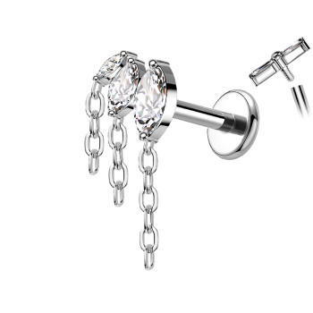 Piercing Labret In Titanio Con 3 Cristalli con Catene