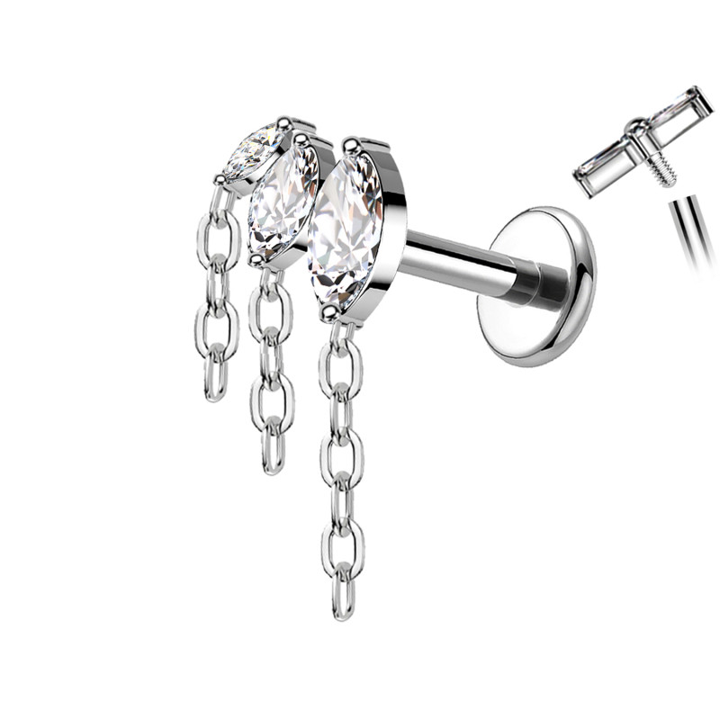 Piercing Labret In Titanio Con 3 Cristalli con Catene