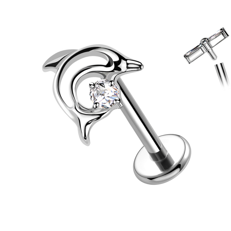 Titanium Labret Piercing with Dolphin-Shaped Crystal