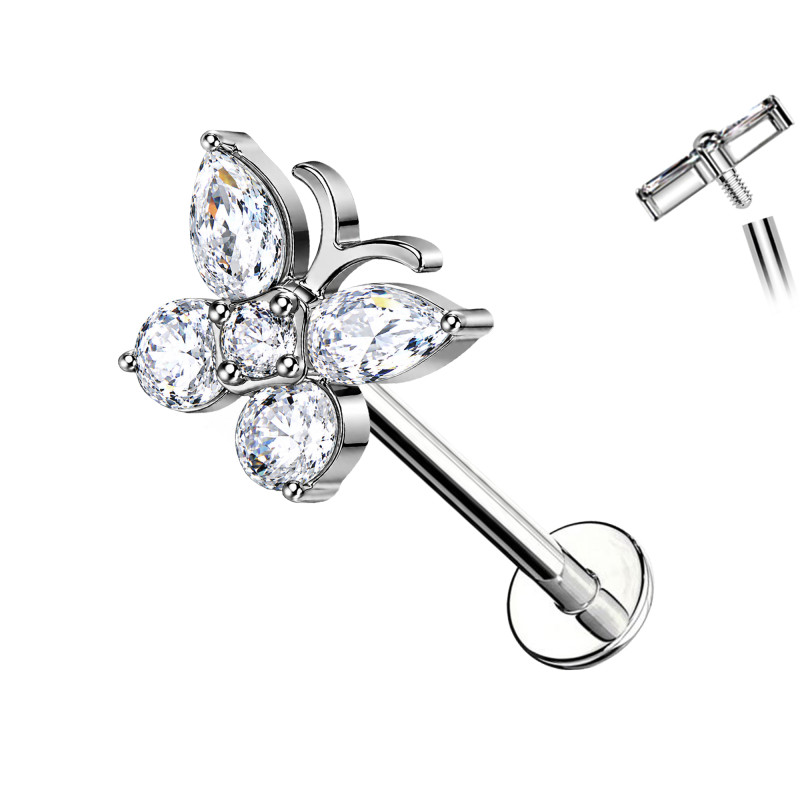 Piercing Labret con Farfalla e Cristalli in Titanio