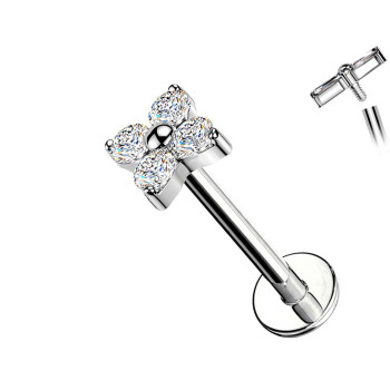 Piercing Labret con Fiore a Quattro Cristalli in Titanio
