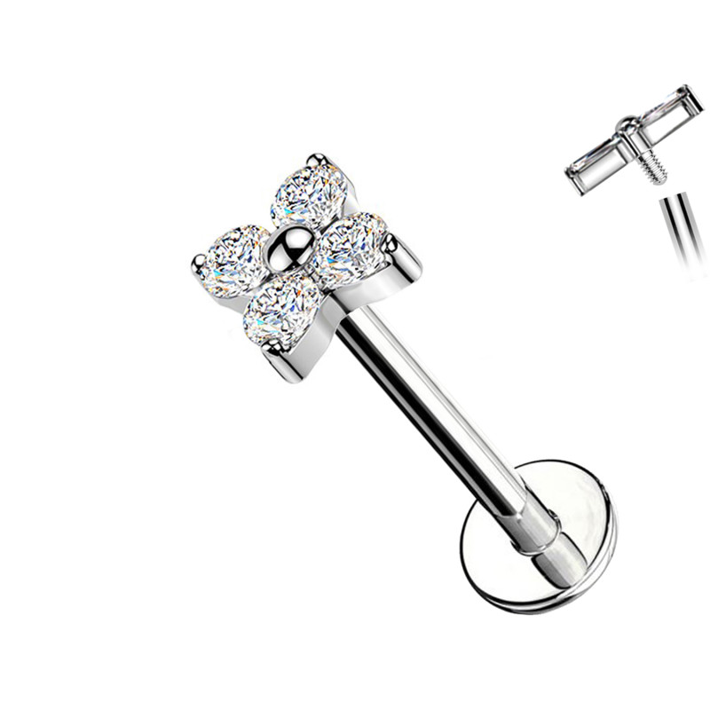 Piercing Labret con Fiore a Quattro Cristalli in Titanio
