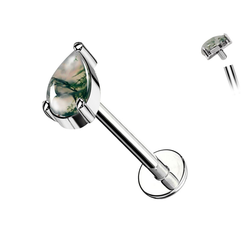 Titanium Labret Piercing with Teardrop Moss Agate