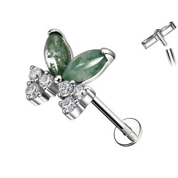 Titanium Labret Piercing with Moss Agate Butterfly