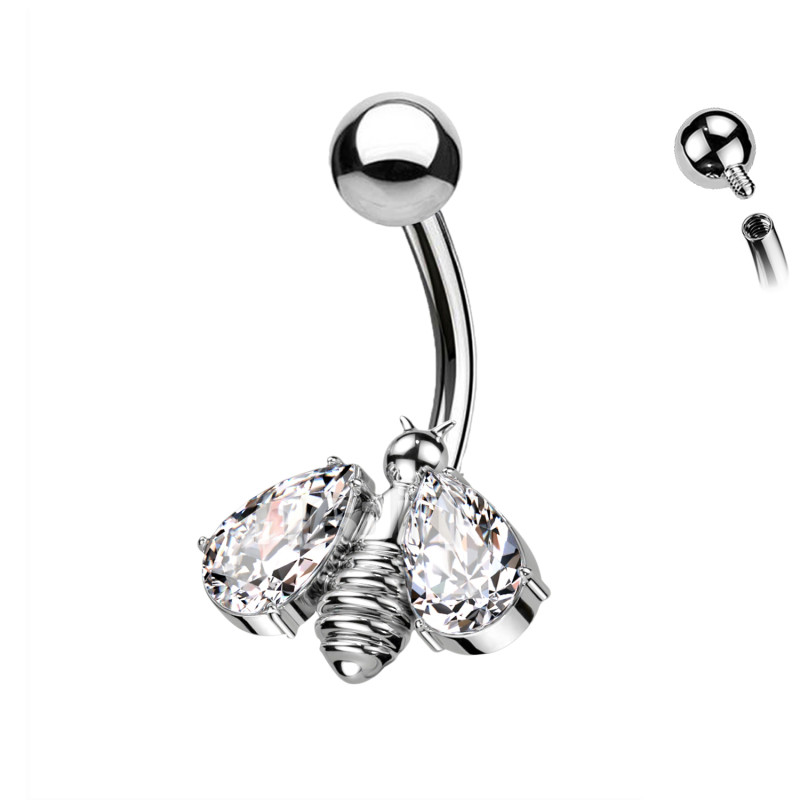 Banana Navel Piercing in Titanium with Bee-Shaped Crystal and Internal Threading