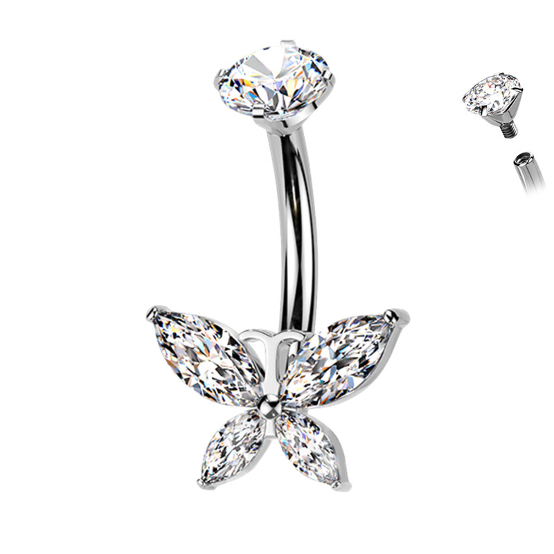 Piercing Banana Ombelico in Titanio con Cristallo a Forma Farfalla Decorata da Cristalli, Ombelico