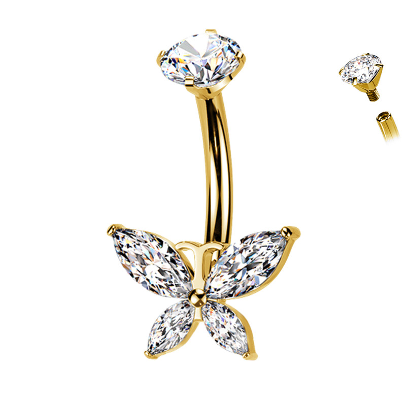 Piercing Banana Ombelico in Titanio con Cristallo a Forma Farfalla Decorata da Cristalli, Ombelico