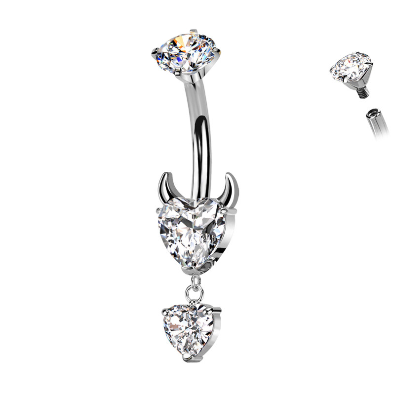 Piercing Ombelico in Titanio con Cuore Diavolo e Cristalli Pendenti