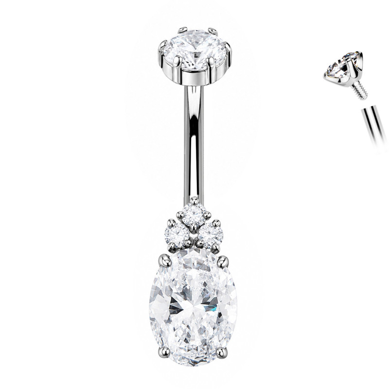 Titanium Navel Piercing with Oval Crystal and Trio of Zircons