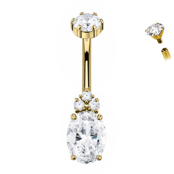 Piercing Ombelico in Titanio con Cristallo Ovale e Trio di Zirconi