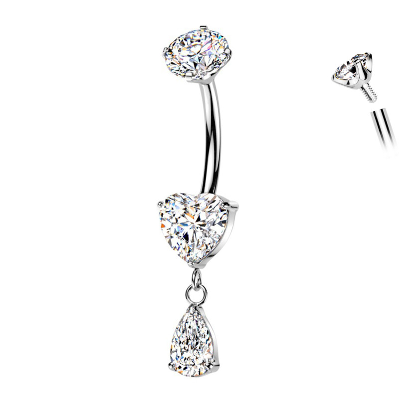 Piercing Banana Ombelico con Cuore e Cristallo a Goccia